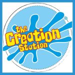 The colourful logo for the Creation Station based around a large blue paint splat with the wording inside to represent this fun and creative children's art franchise opportunity