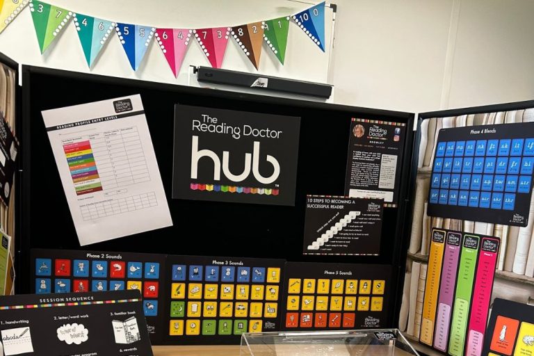 Photograph of a reading hub set up with reading materials and resources as part of The Reading Doctor tutoring franchise UK