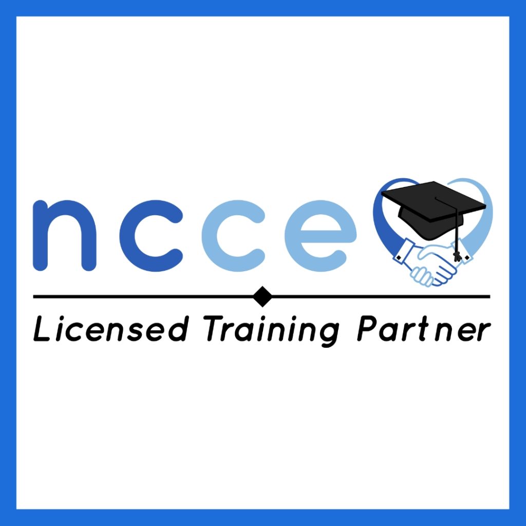 The blue logo for the National College for Care and Education partnership opportunity featuring a graduation cap and two hands shaking together with the slogan Licensed Training Partner