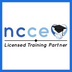 The blue logo for the National College for Care and Education partnership opportunity featuring a graduation cap and two hands shaking together with the slogan Licensed Training Partner