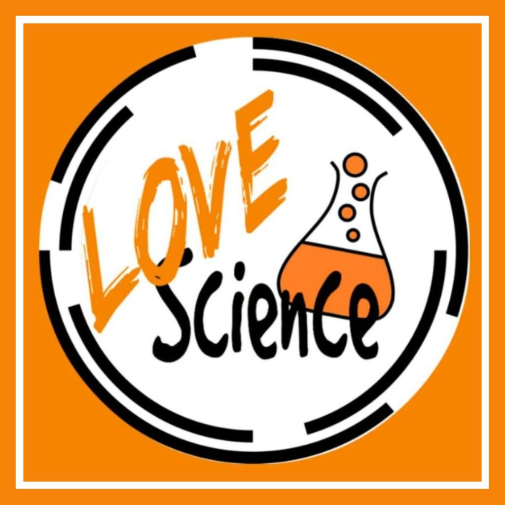 The bold orange and black logo for science franchise LoveScience featuring a bubbling test tube