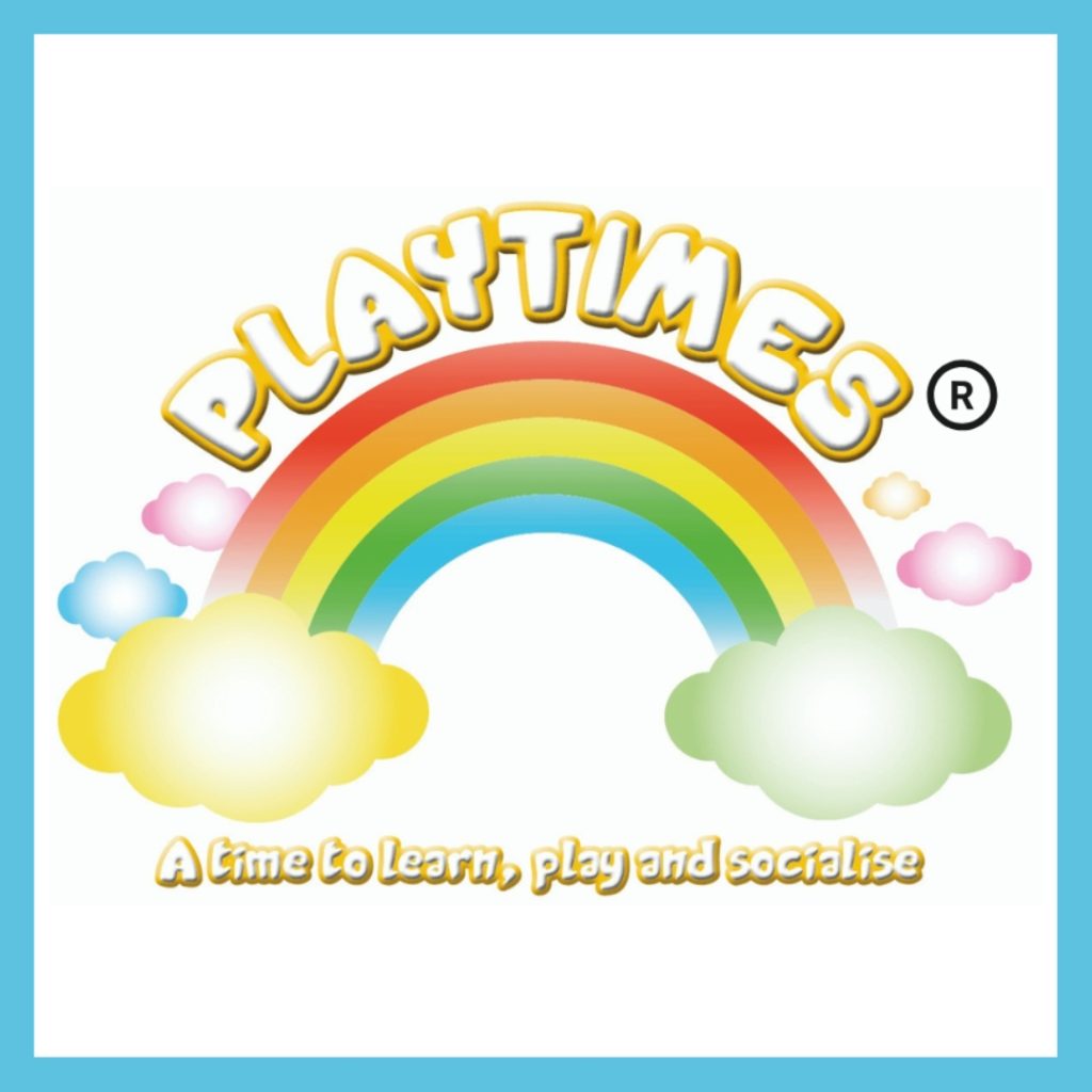 A colourful rainbow illustration together with the slogan a time to learn, play and socialise to represent Playtimes children's sensory play franchise opportunity