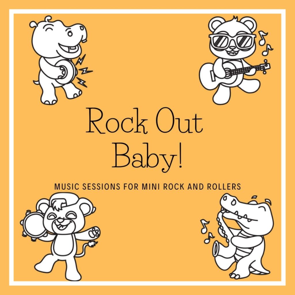 The Rock Out Baby children's music franchise opportunity illustrated logo with cartoon animals playing musical instruments and featuring the slogan music sessions for mini rock and rollers