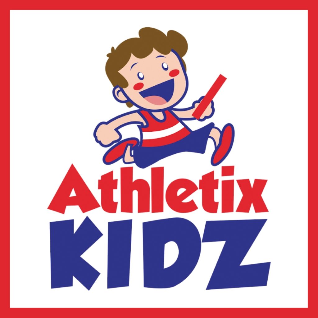 The bold cartoon logo for Athletix Kidz children's sports franchise opportunity featuring an illustrated boy leaping over the red and navy lettering spelling out the company name