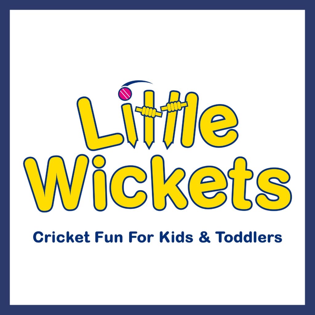 The blue and yellow logo for the Little Wickets children's sports franchise UK featuring the slogan Cricket Fun for Kids & Toddlers