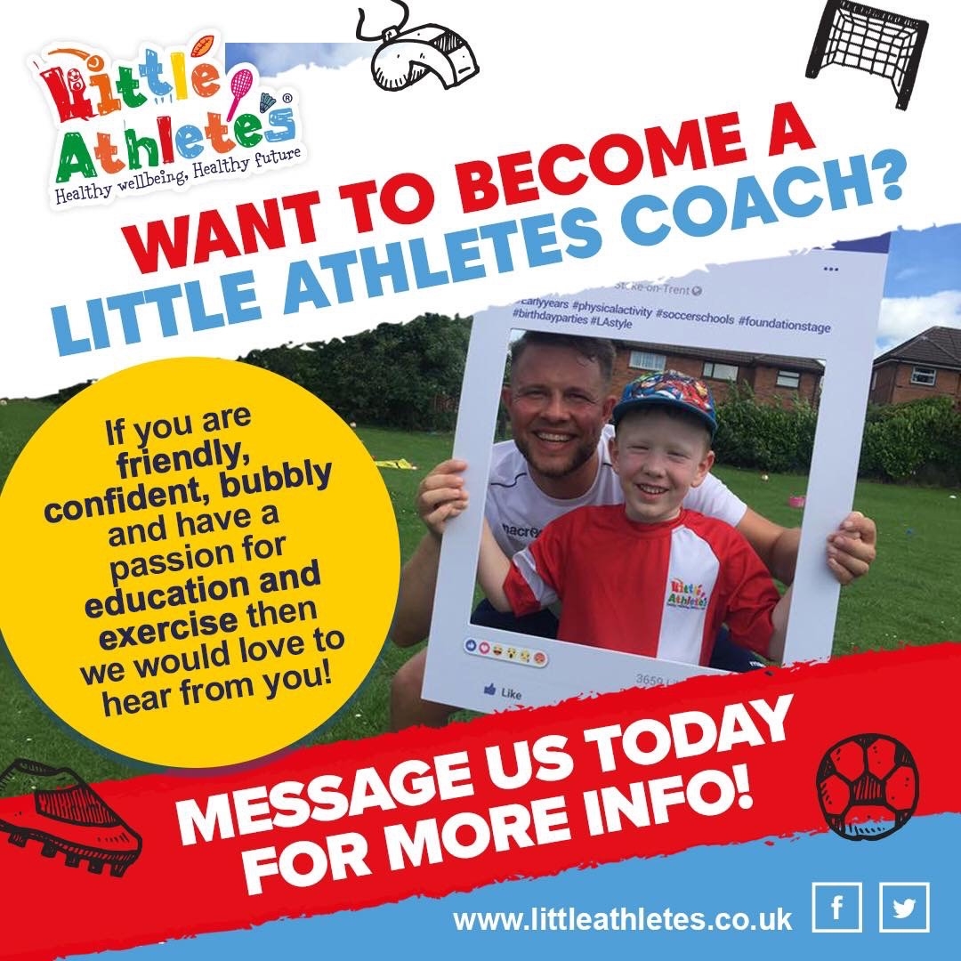 A colourful poster for the children's sports franchise Little Athletes with the heading "Want to become a Little Athletes Coach?