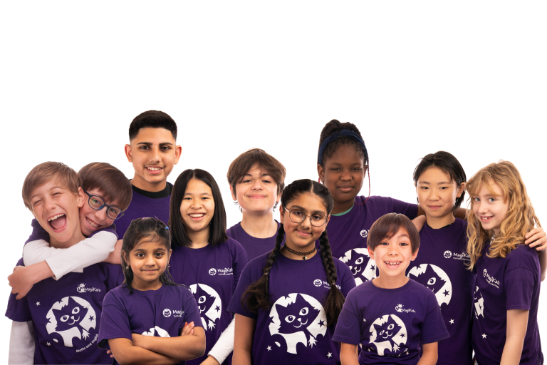 A group of young children pose proudly in branded t-shirts to represent the MagiKats children's education franchise UK